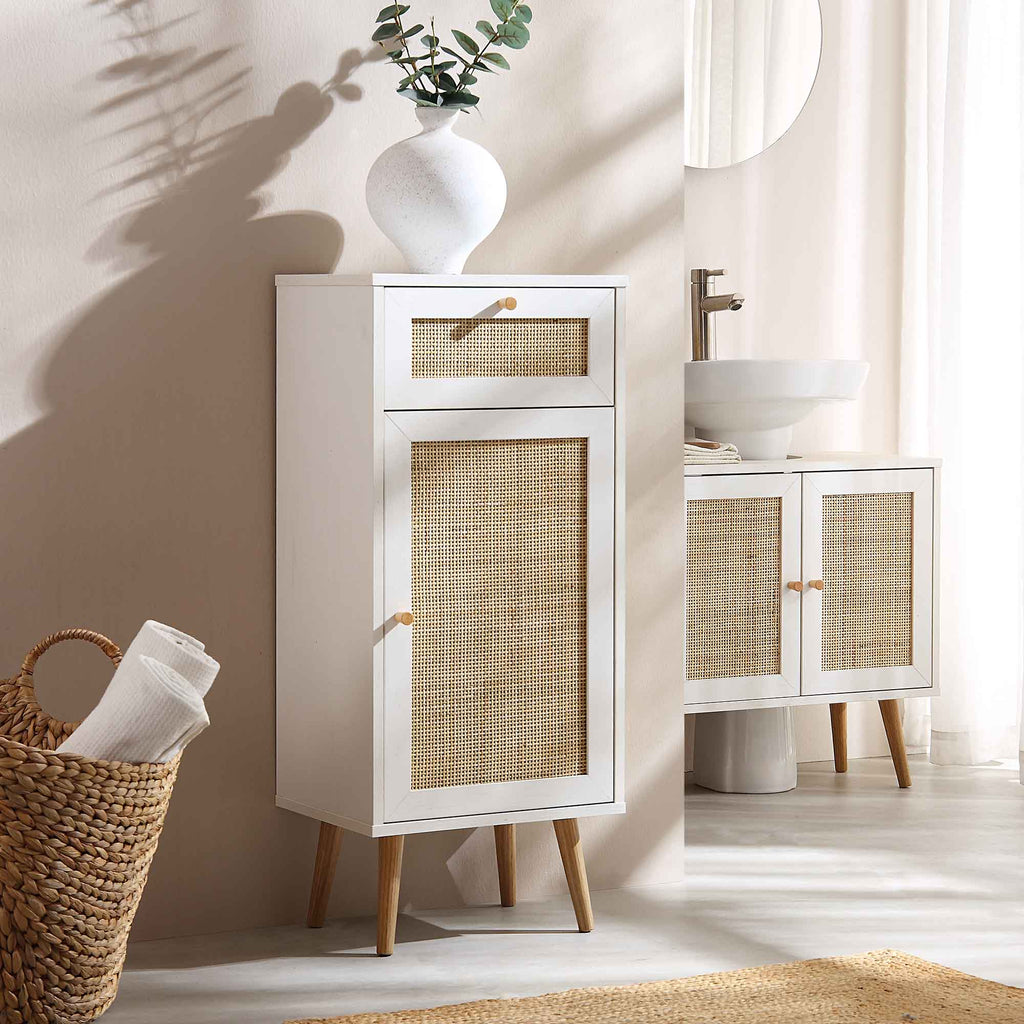 Frances Woven Rattan 1 Door Bathroom Cabinet White daals