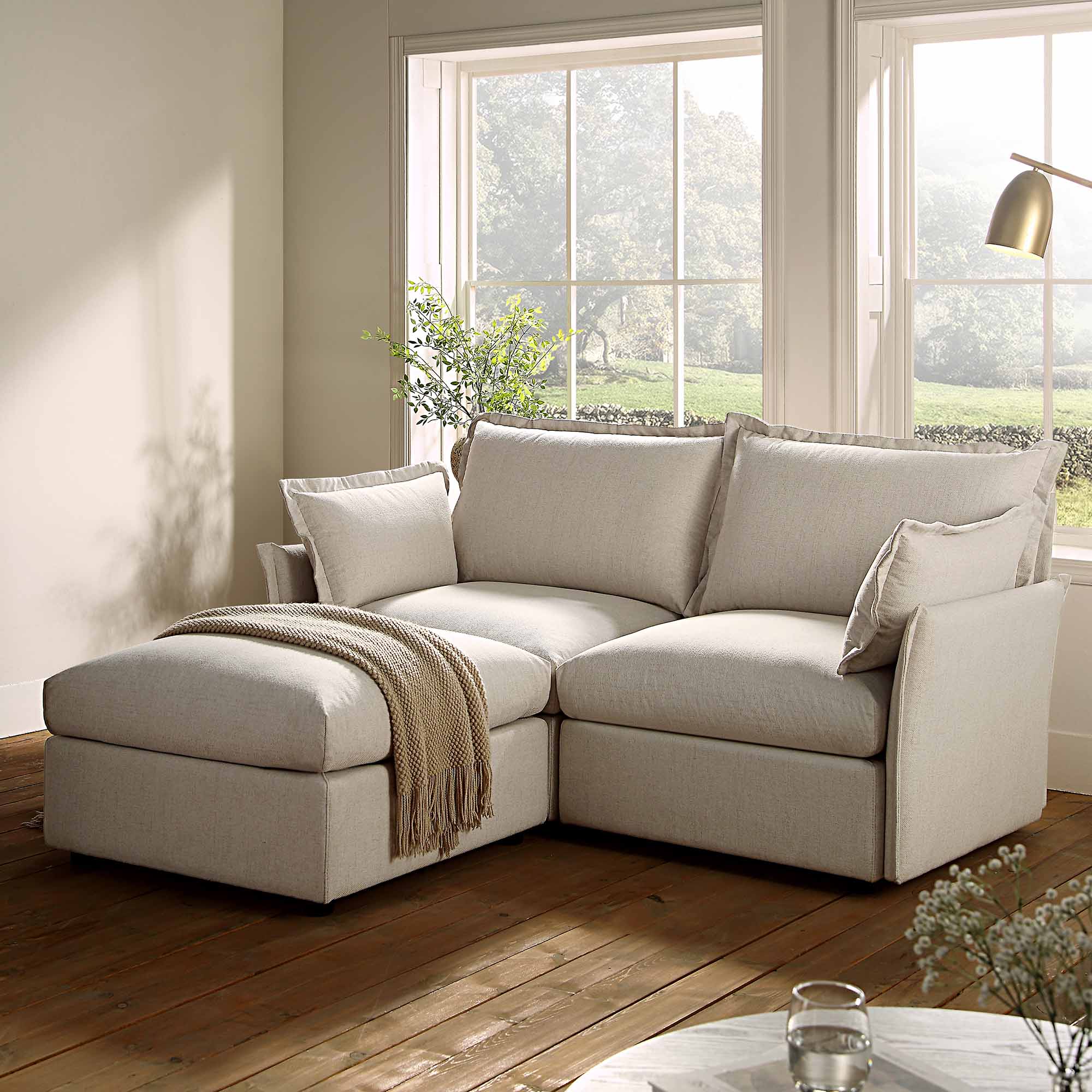 Byron Pillow Edge Beige Fabric Sectional Sofa, 2-Seater Chaise