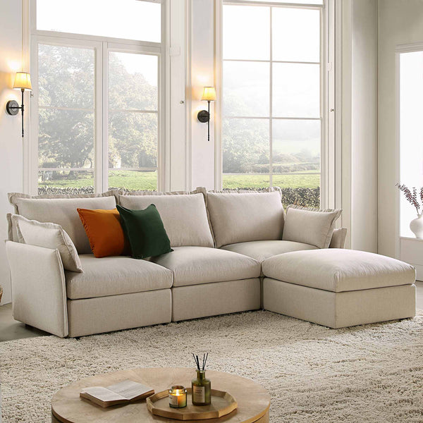 Byron Pillow Edge Beige Fabric Modular Sofa, 3-Seater Chaise