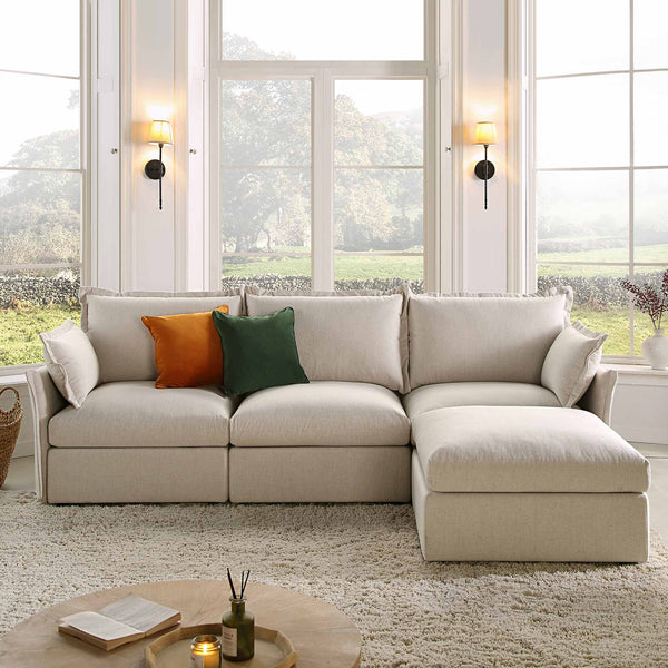 Byron Pillow Edge Beige Fabric Modular Sofa, 3-Seater Chaise