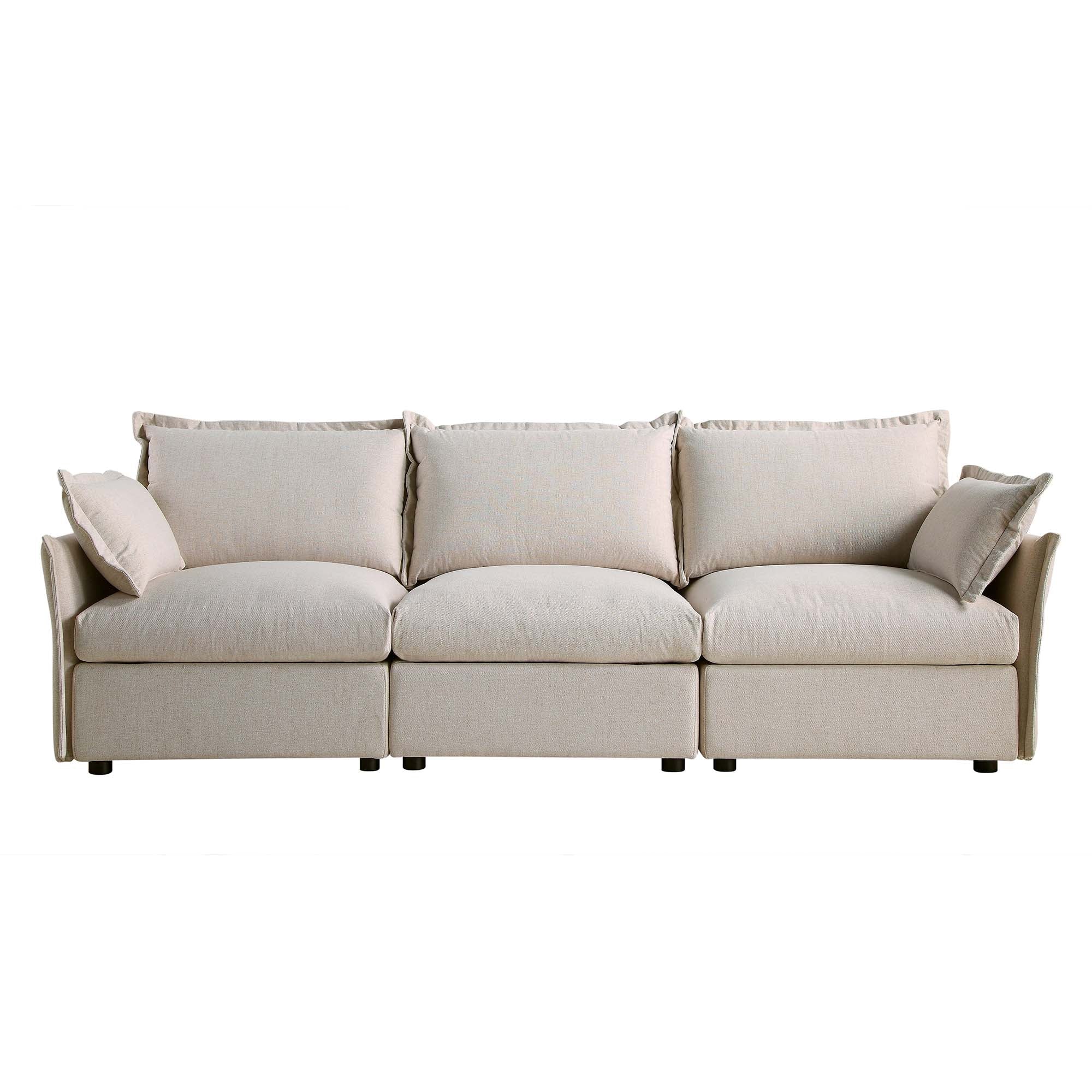 Byron Pillow Edge Beige Fabric Modular Sofa, 3-Seater