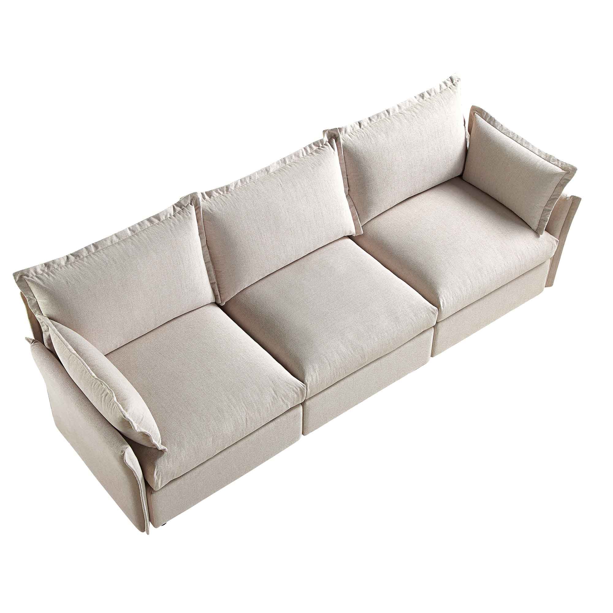 Byron Pillow Edge Beige Fabric Modular Sofa, 3-Seater