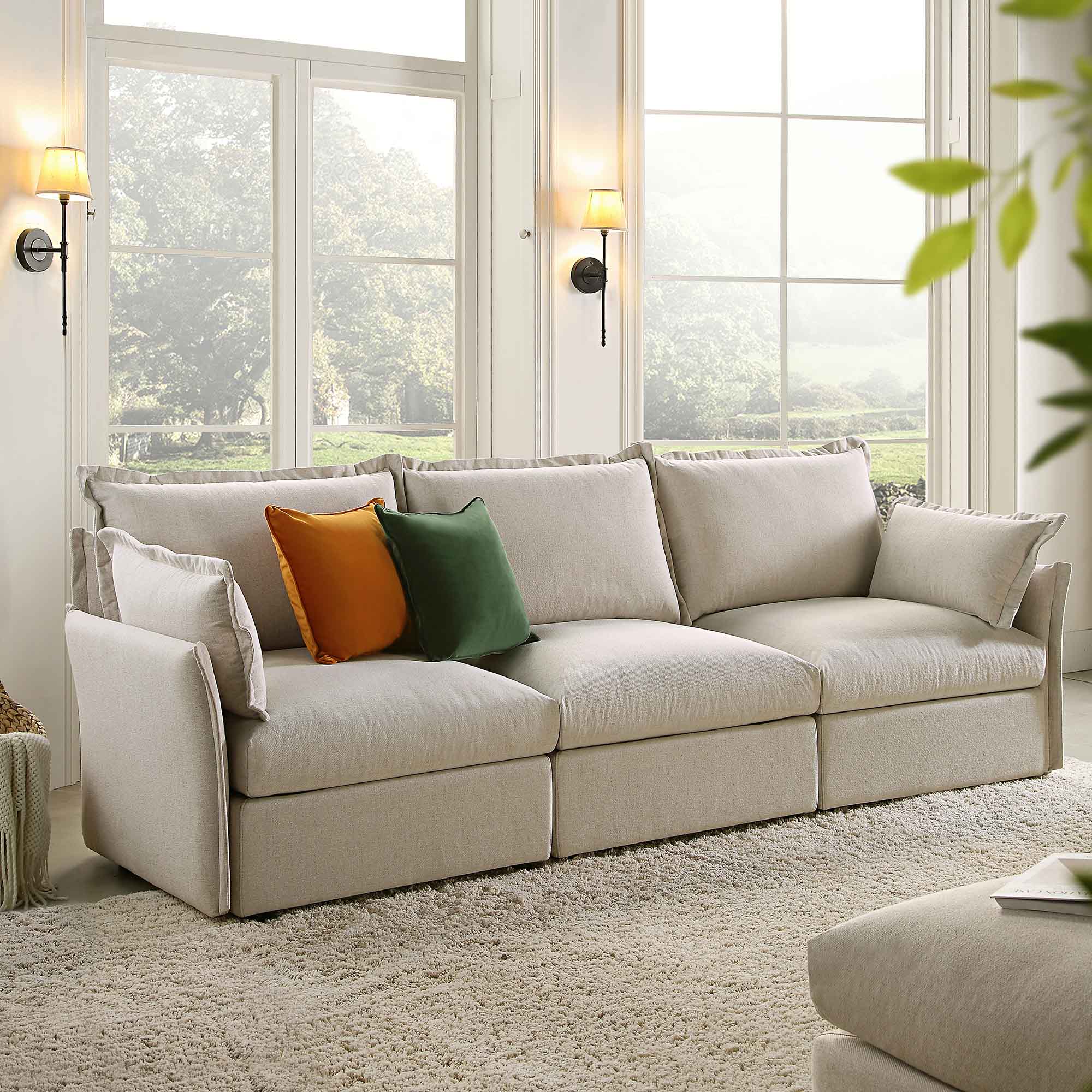 Byron Pillow Edge Beige Fabric Modular Sofa, 3-Seater