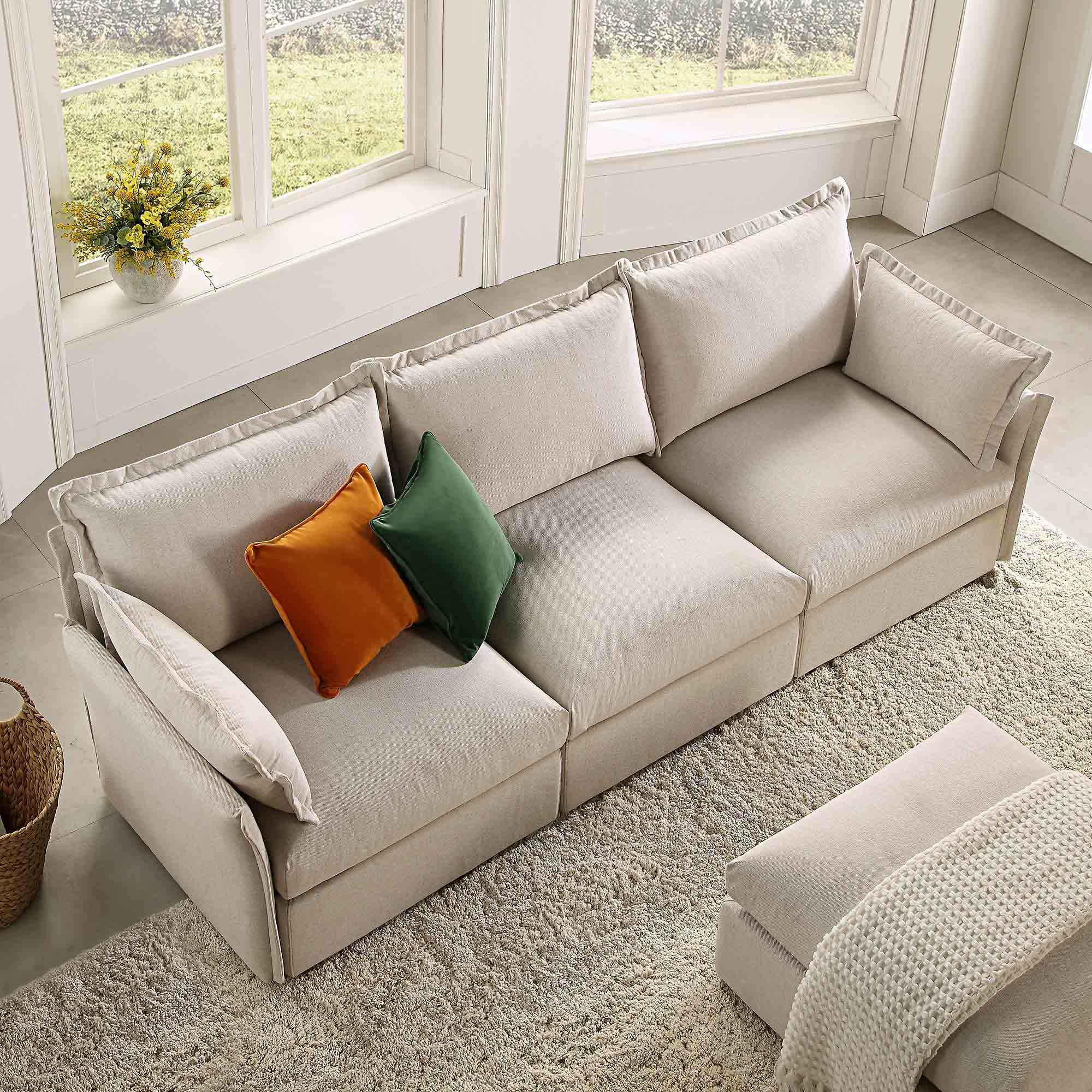 Byron Pillow Edge Beige Fabric Modular Sofa, 3-Seater