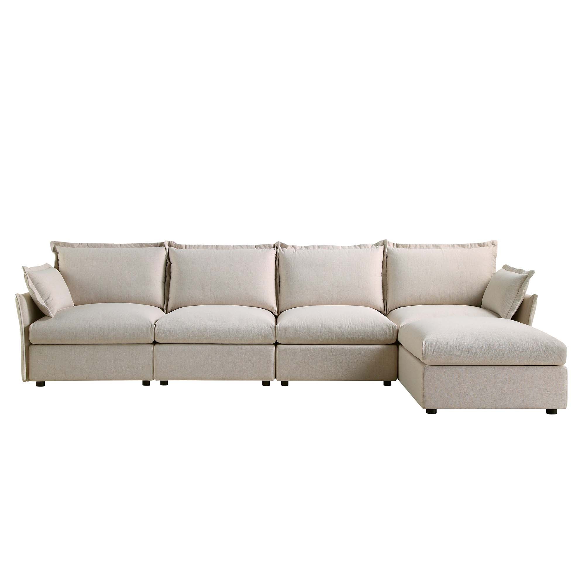 Byron Pillow Edge Beige Fabric Sectional Sofa, 4-Seater Chaise