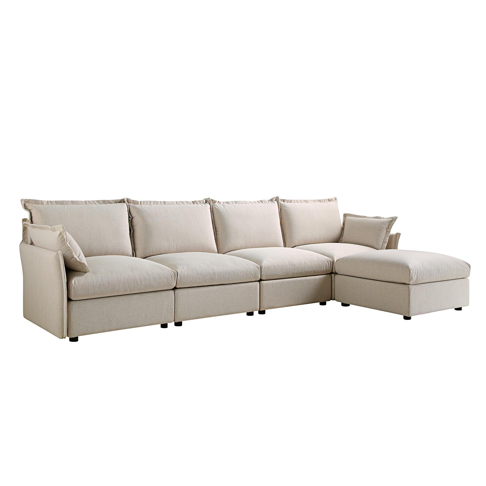 Byron Pillow Edge Beige Fabric Modular Sofa, 4-Seater Chaise