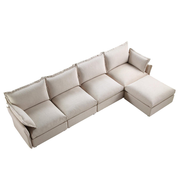 Byron Pillow Edge Beige Fabric Sectional Sofa, 4-Seater Chaise