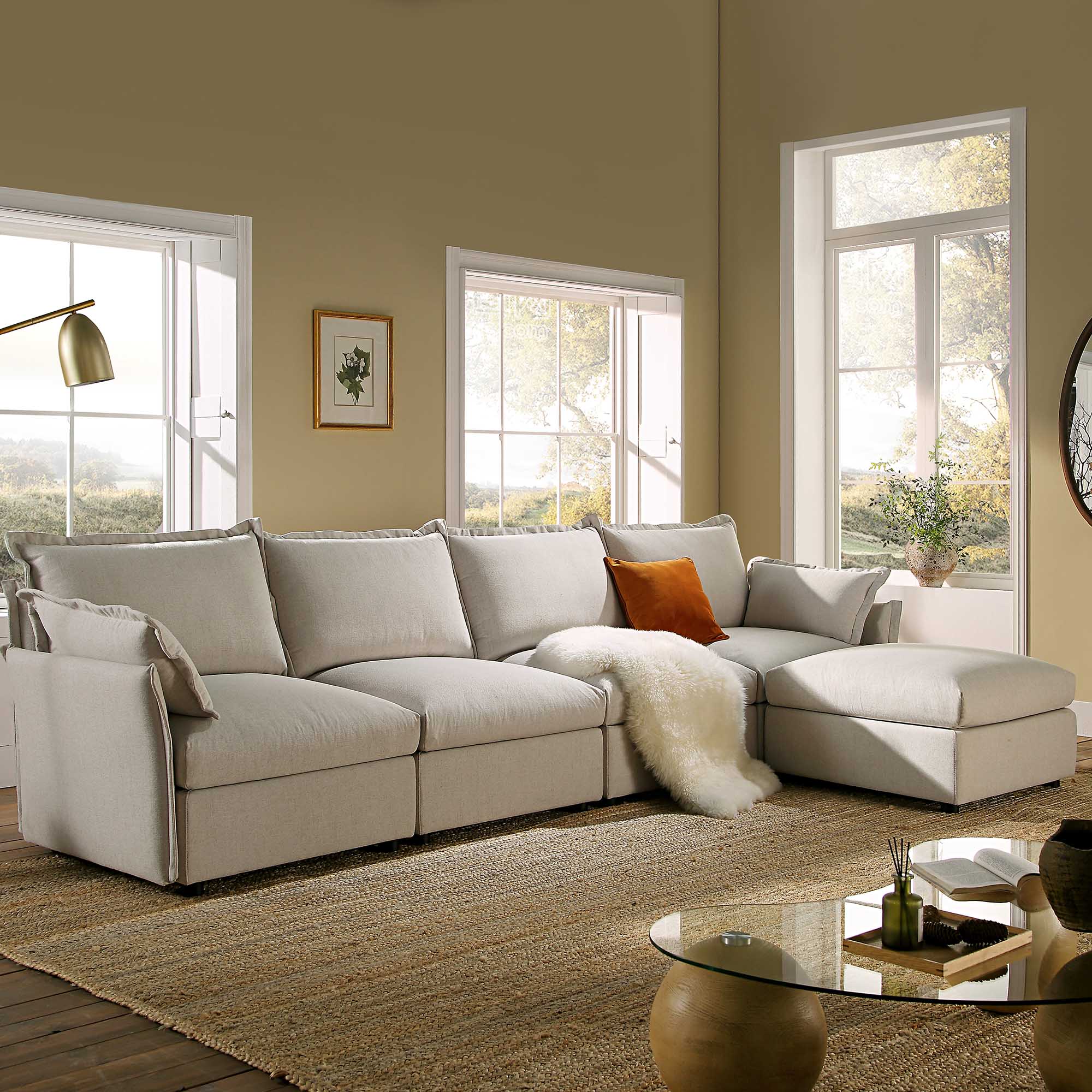 Byron Pillow Edge Beige Fabric Sectional Sofa, 4-Seater Chaise