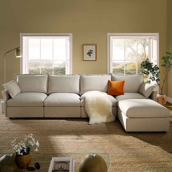 Byron Pillow Edge Beige Fabric Sectional Sofa, 4-Seater Chaise