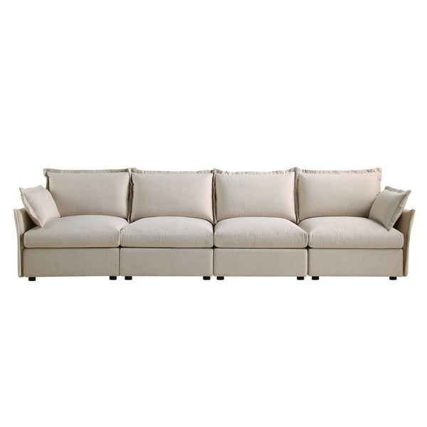 Byron Pillow Edge Beige Fabric Modular Sofa, 4-Seater