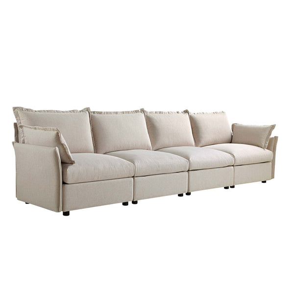 Byron Pillow Edge Beige Fabric Sectional Sofa, 4-Seater