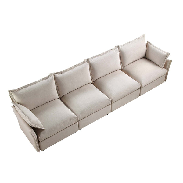 Byron Pillow Edge Beige Fabric Sectional Sofa, 4-Seater