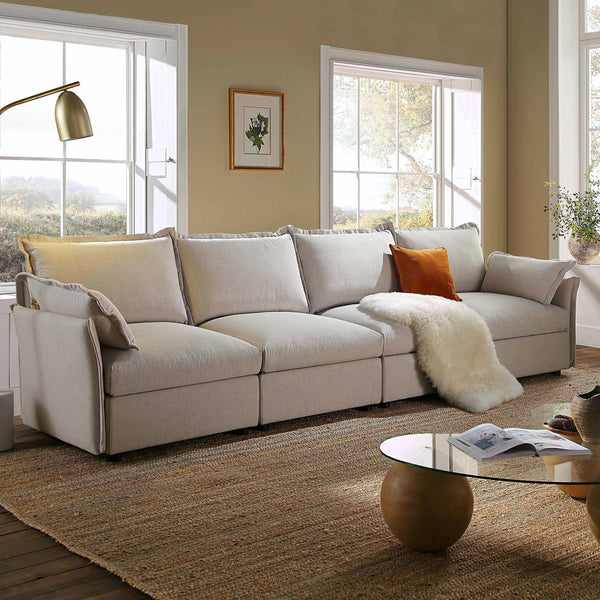 Byron Pillow Edge Beige Fabric Modular Sofa, 4-Seater