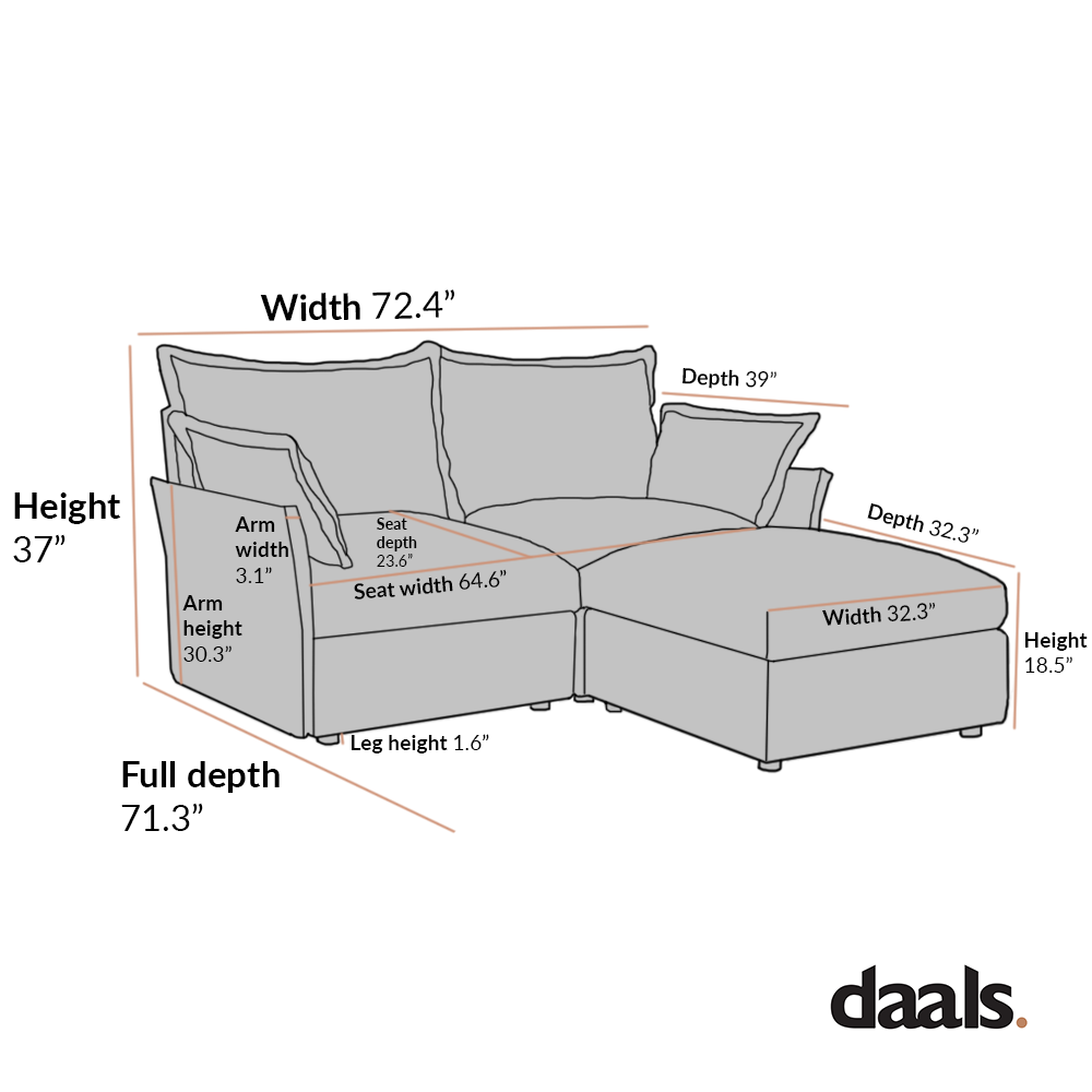 Byron Pillow Edge Beige Fabric Sectional Sofa, 2-Seater Chaise