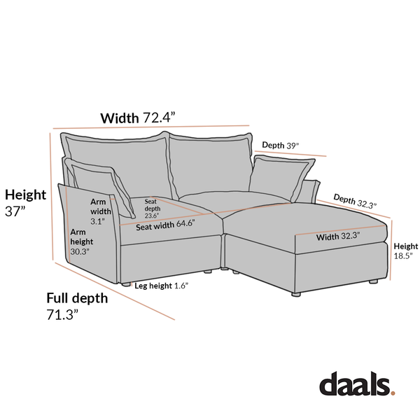 Byron Pillow Edge Beige Fabric Modular Sofa, 2-Seater Chaise