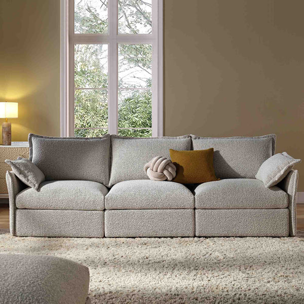 Byron Pillow Edge Mist Grey Boucle Modular Sofa, 3-Seater