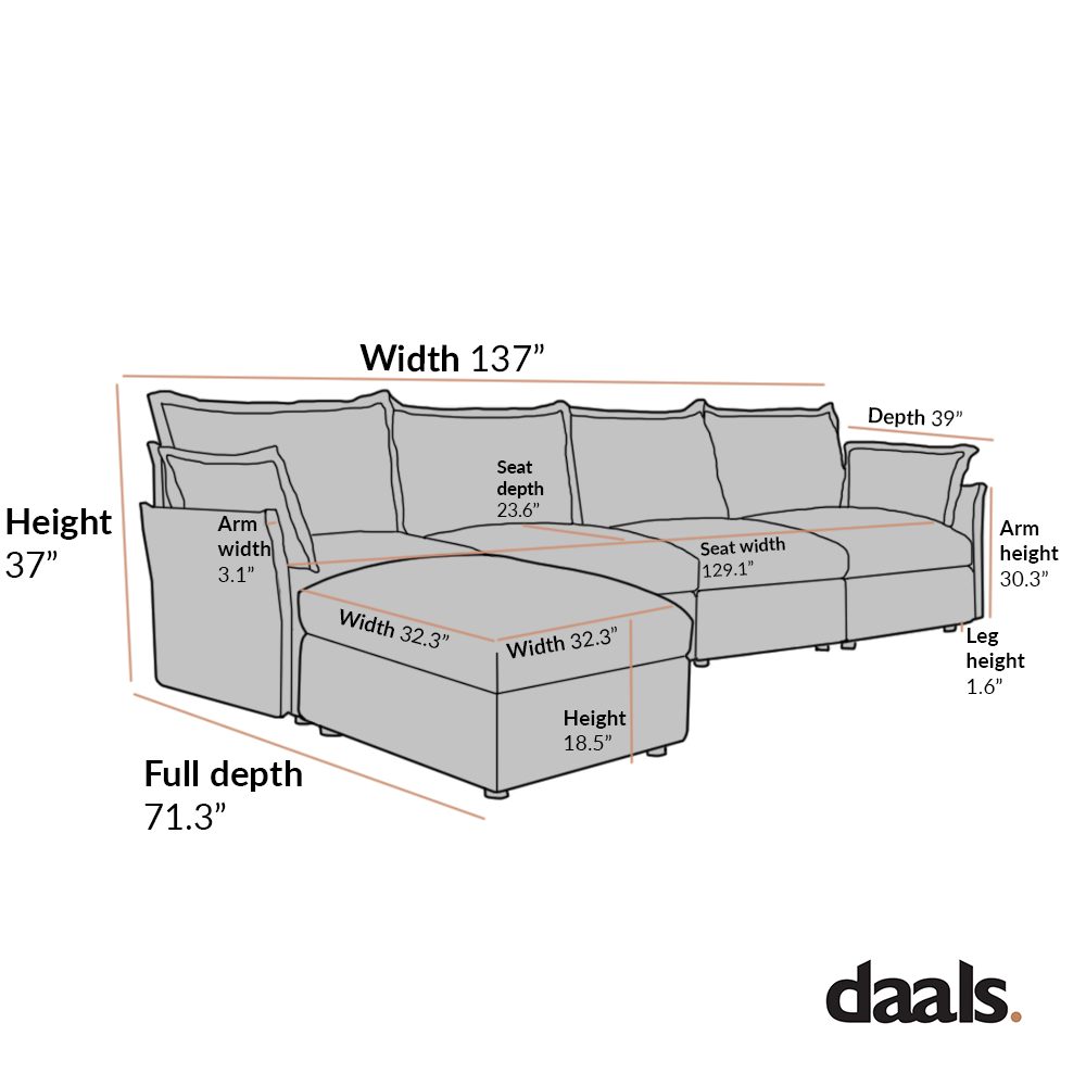 Byron Pillow Edge Beige Fabric Sectional Sofa, 4-Seater Chaise