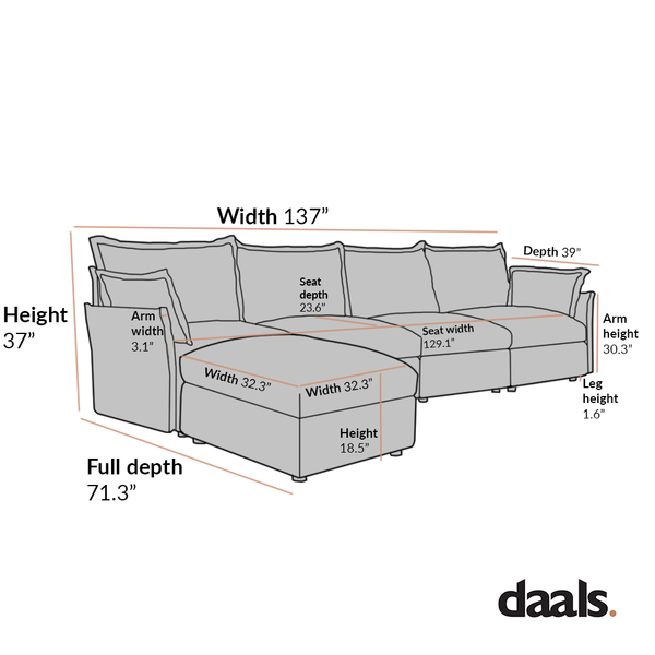 Byron Pillow Edge Beige Fabric Sectional Sofa, 4-Seater Chaise