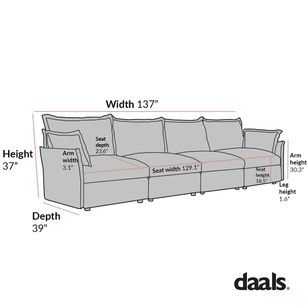 Byron Pillow Edge Beige Fabric Modular Sofa, 4-Seater