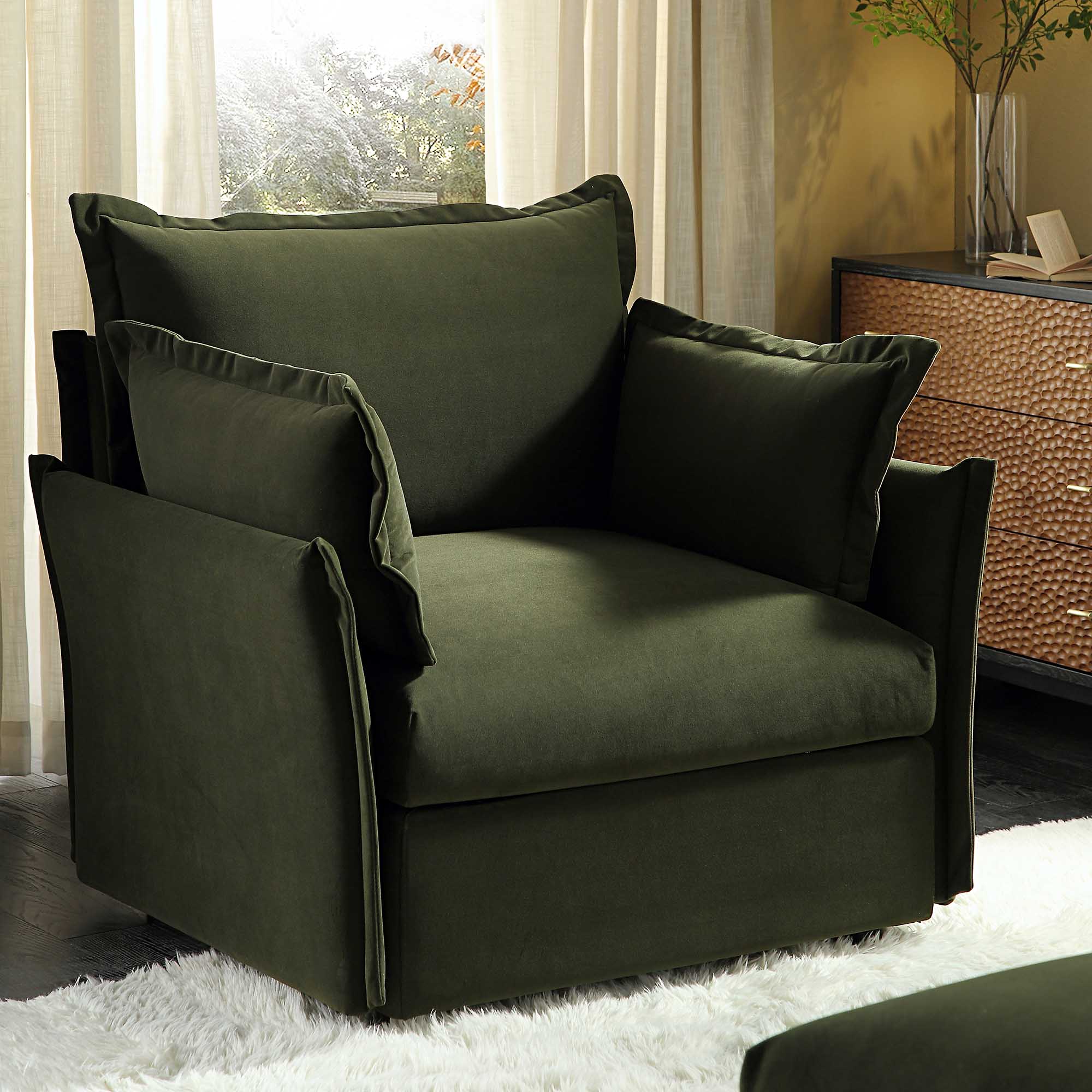 Byron Pillow Edge Moss Green Velvet Modular Sofa, 1-Seater