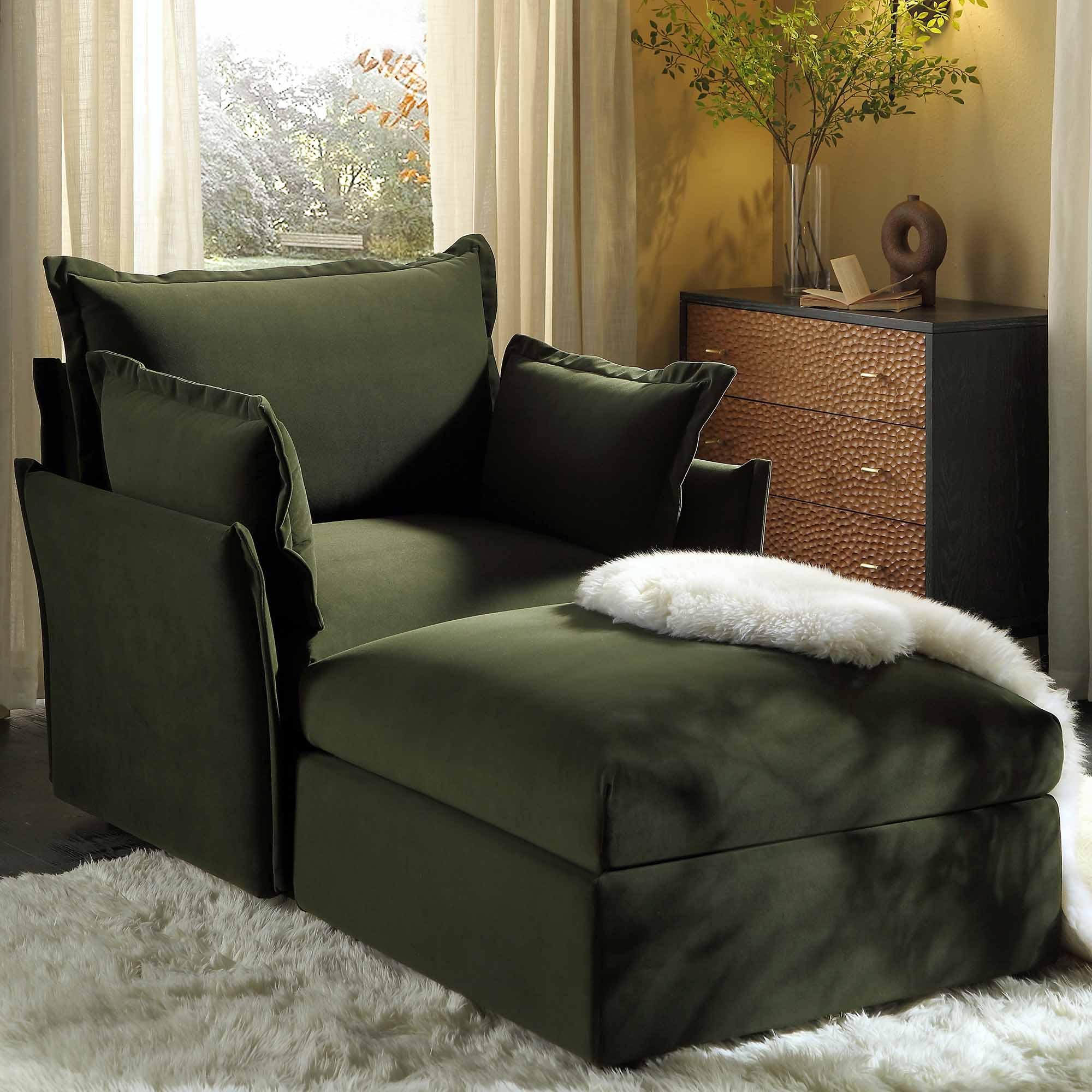 Byron Pillow Edge Moss Green Velvet Sectional Sofa, 1-Seater Chaise