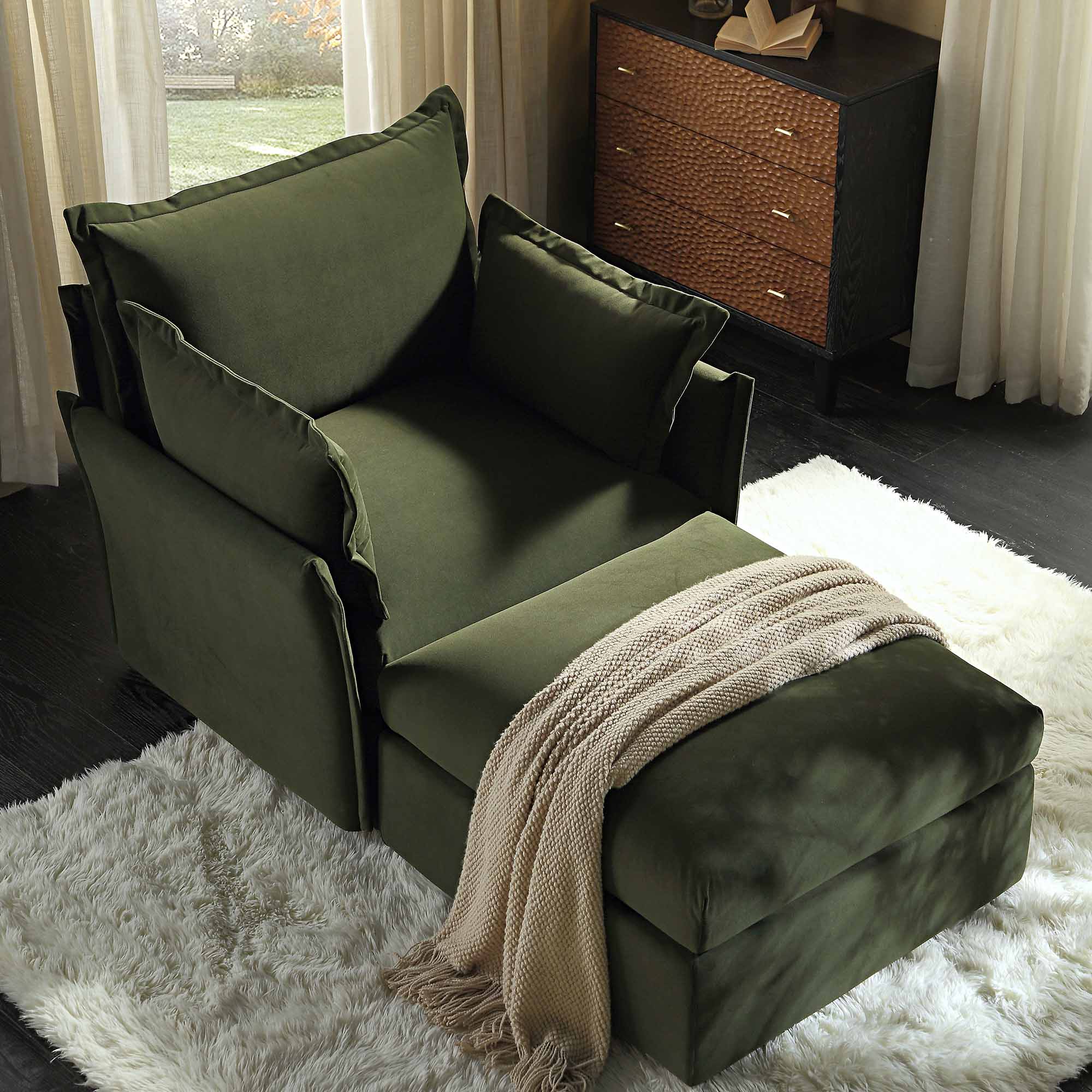 Byron Pillow Edge Moss Green Velvet Sectional Sofa, 1-Seater Chaise