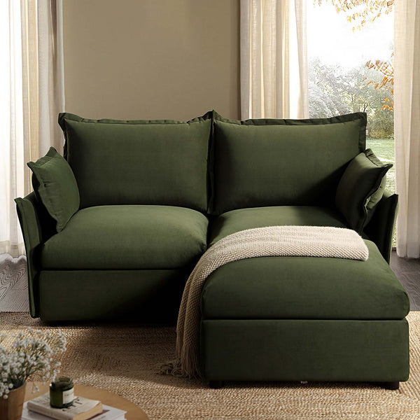 Byron Pillow Edge Moss Green Velvet Sectional Sofa, 2-Seater Chaise