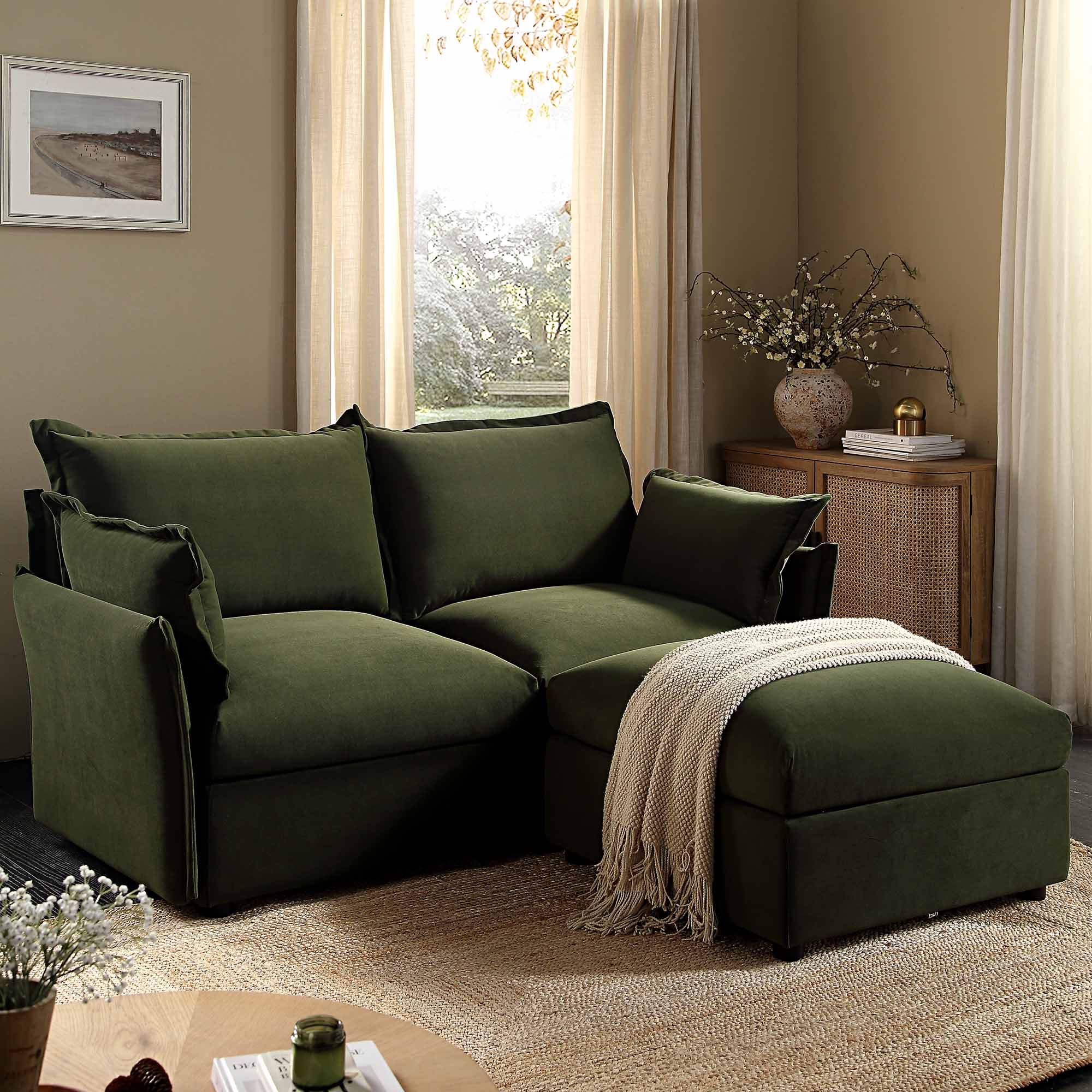 Byron Pillow Edge Moss Green Velvet Modular Sofa, 2-Seater Chaise