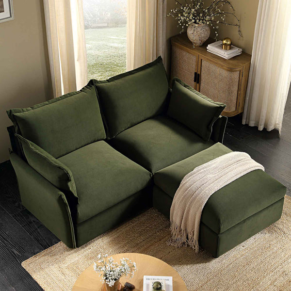 Byron Pillow Edge Moss Green Velvet Modular Sofa, 2-Seater Chaise