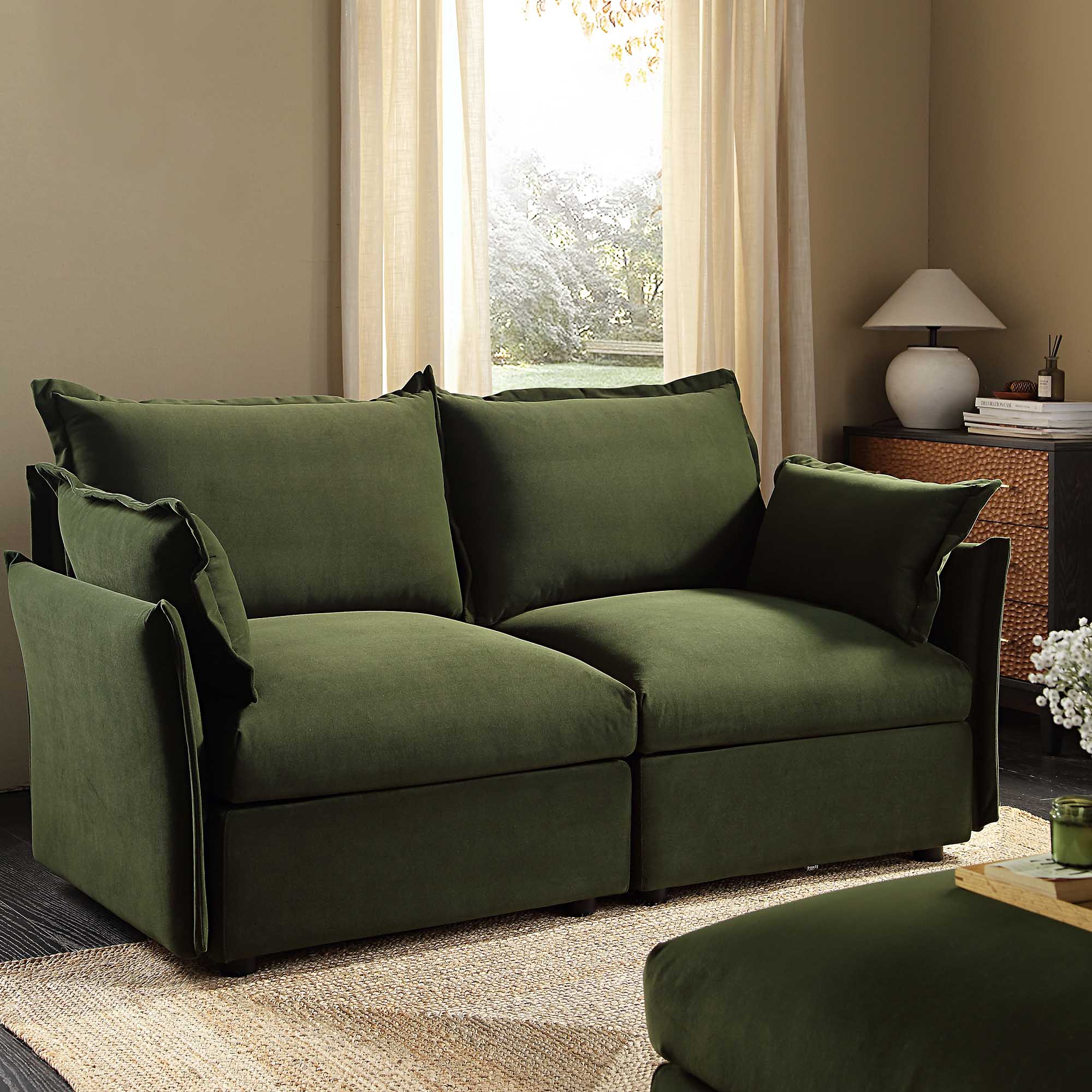 Byron Pillow Edge Moss Green Velvet Modular Sofa, 2-Seater