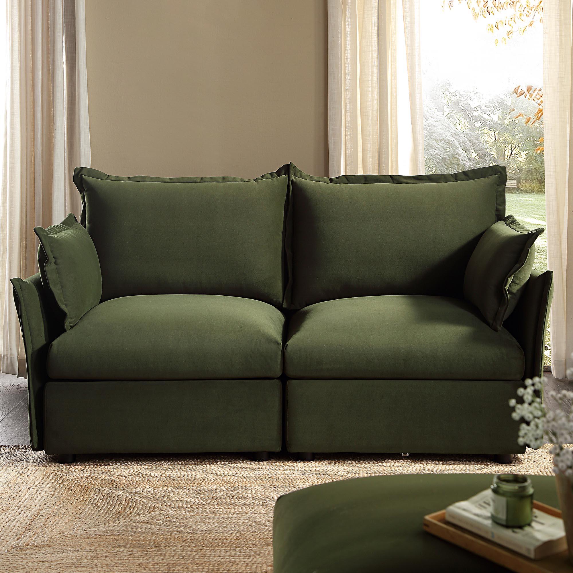 Byron Pillow Edge Moss Green Velvet Sectional Sofa, 2-Seater