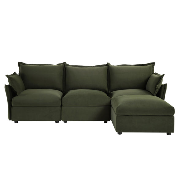 Byron Pillow Edge Moss Green Velvet Sectional Sofa, 3-Seater Chaise