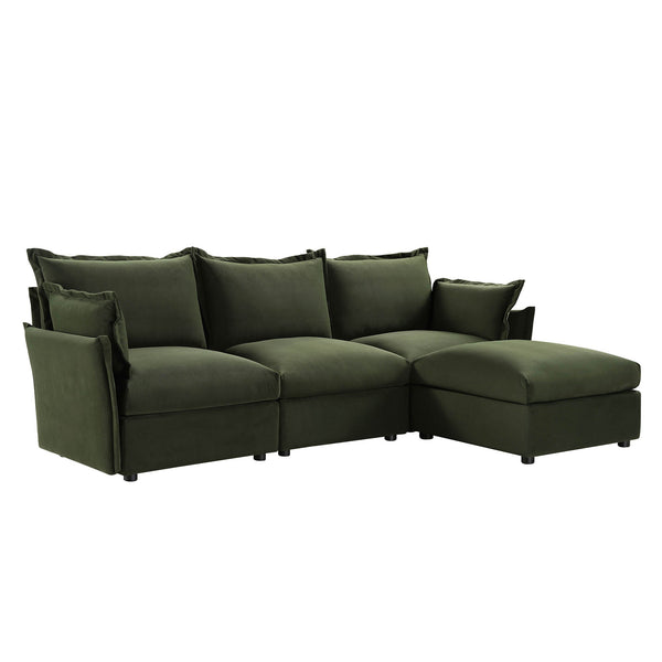 Byron Pillow Edge Moss Green Velvet Sectional Sofa, 3-Seater Chaise