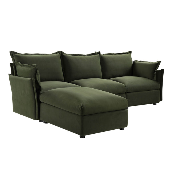 Byron Pillow Edge Moss Green Velvet Modular Sofa, 3-Seater Chaise