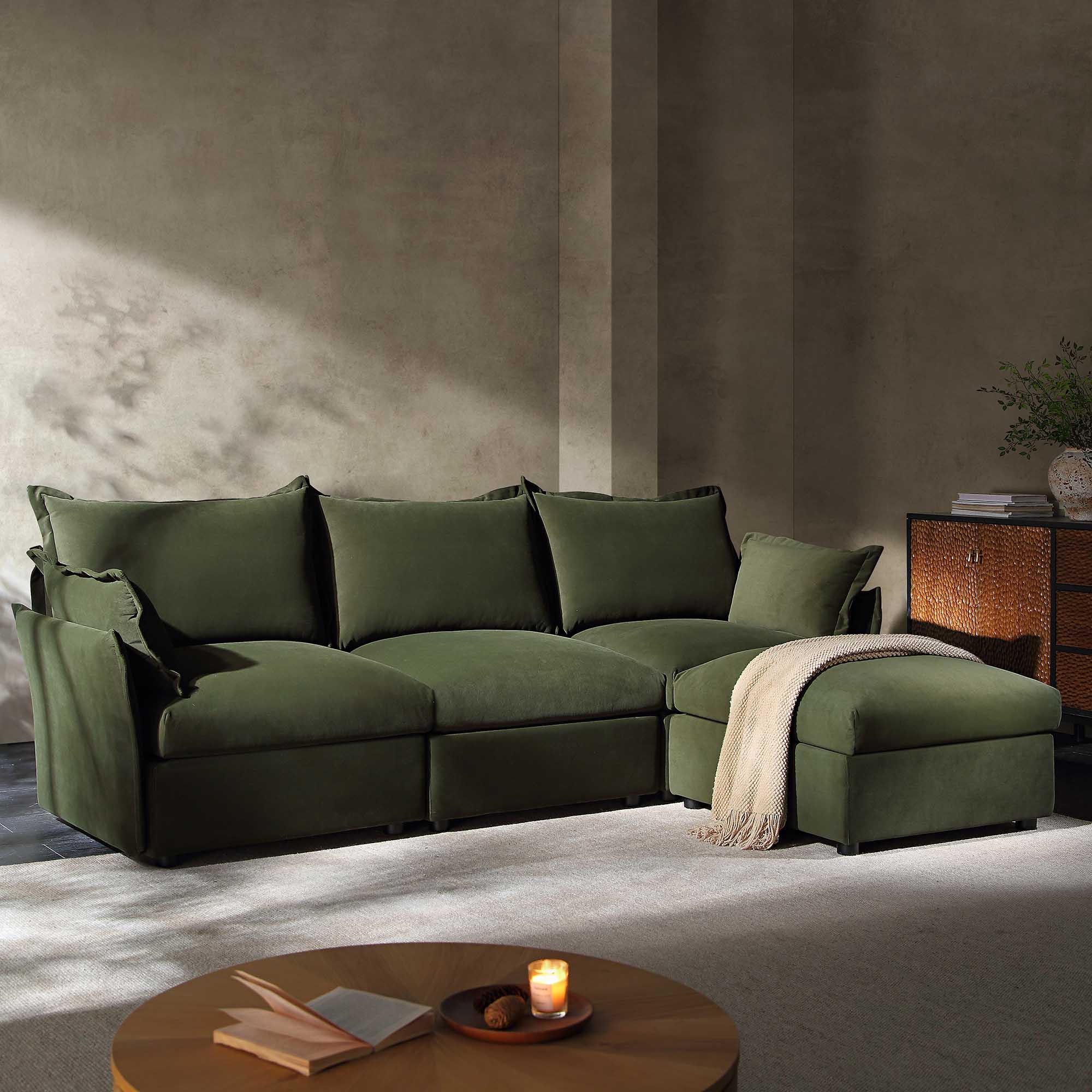 Byron Pillow Edge Moss Green Velvet Modular Sofa, 3-Seater Chaise