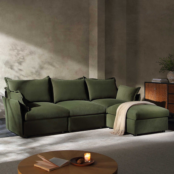 Byron Pillow Edge Moss Green Velvet Modular Sofa, 3-Seater Chaise