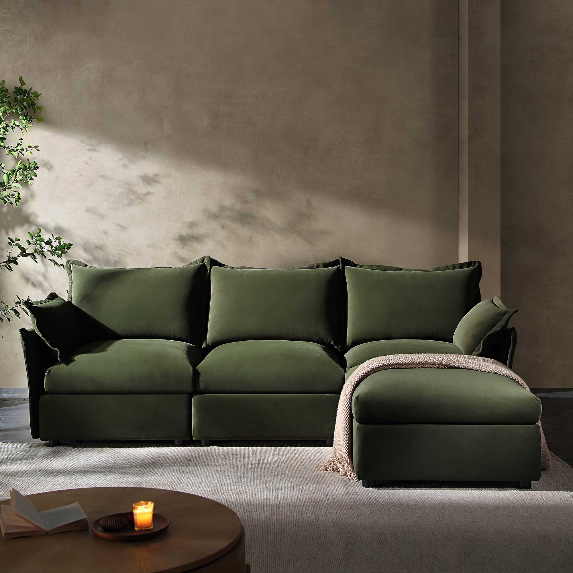 Byron Pillow Edge Moss Green Velvet Sectional Sofa, 3-Seater Chaise