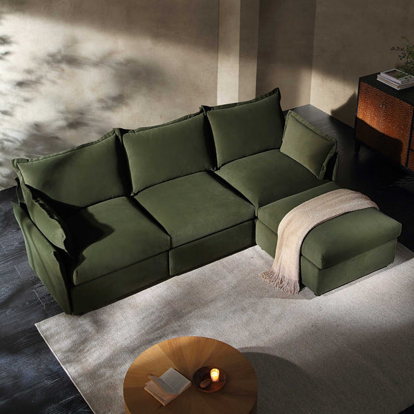 Byron Pillow Edge Moss Green Velvet Modular Sofa, 3-Seater Chaise