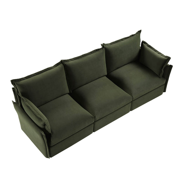 Byron Pillow Edge Moss Green Velvet Modular Sofa, 3-Seater