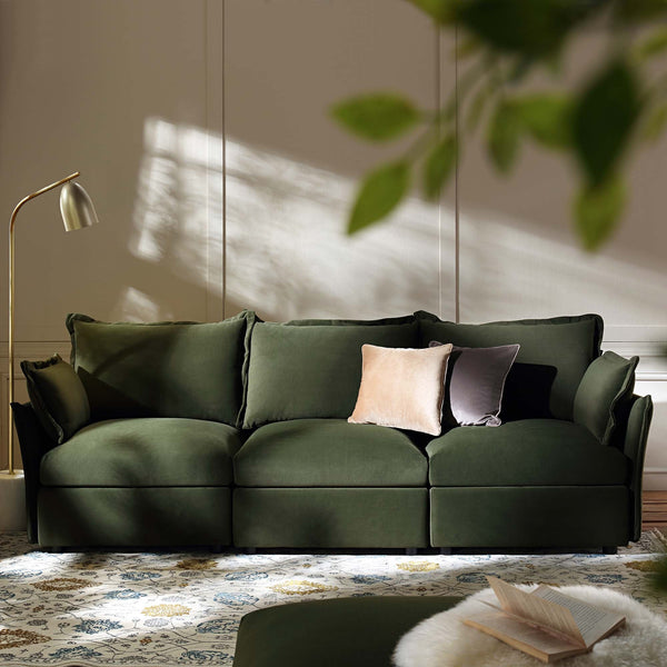 Byron Pillow Edge Moss Green Velvet Sectional Sofa, 3-Seater