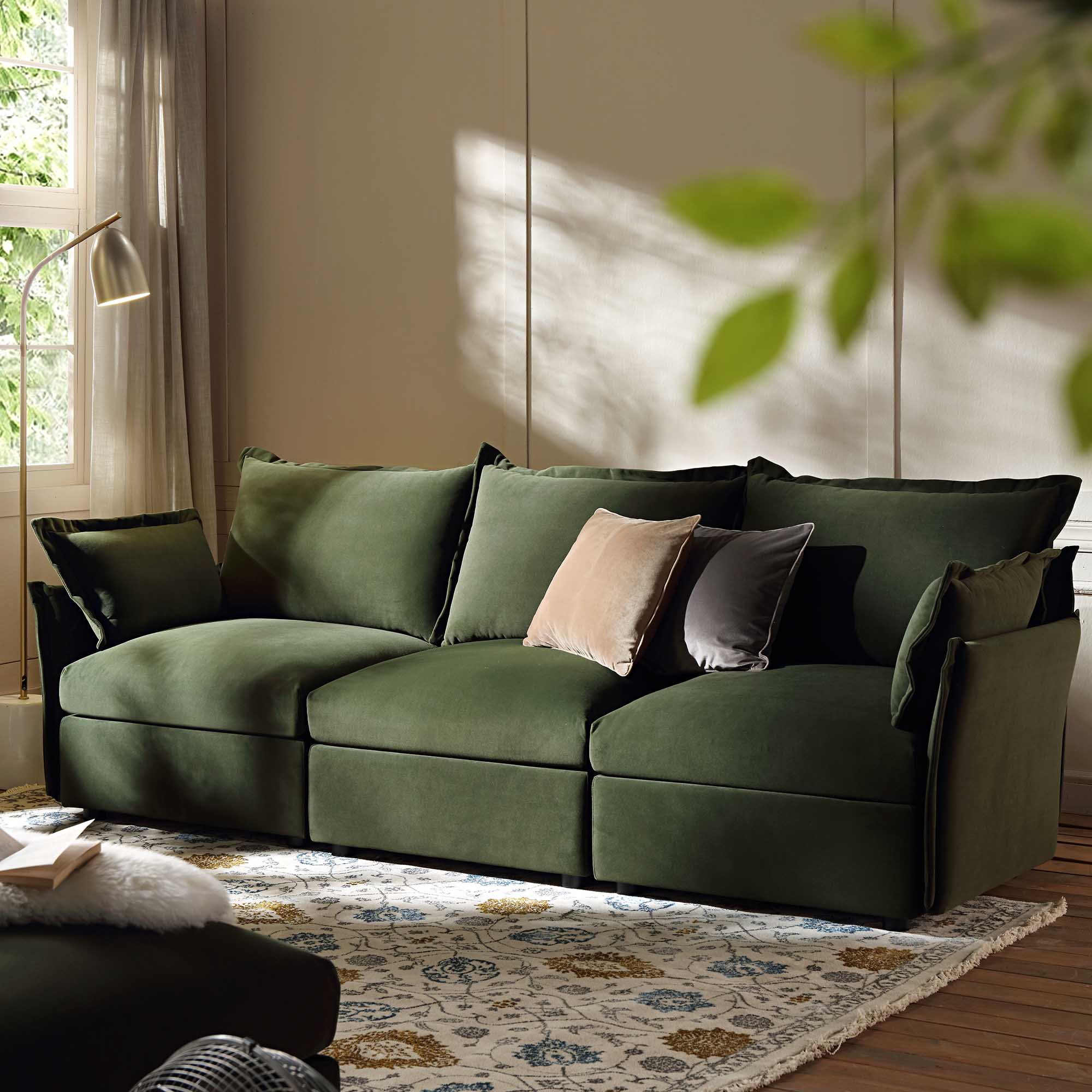 Byron Pillow Edge Moss Green Velvet Sectional Sofa, 3-Seater