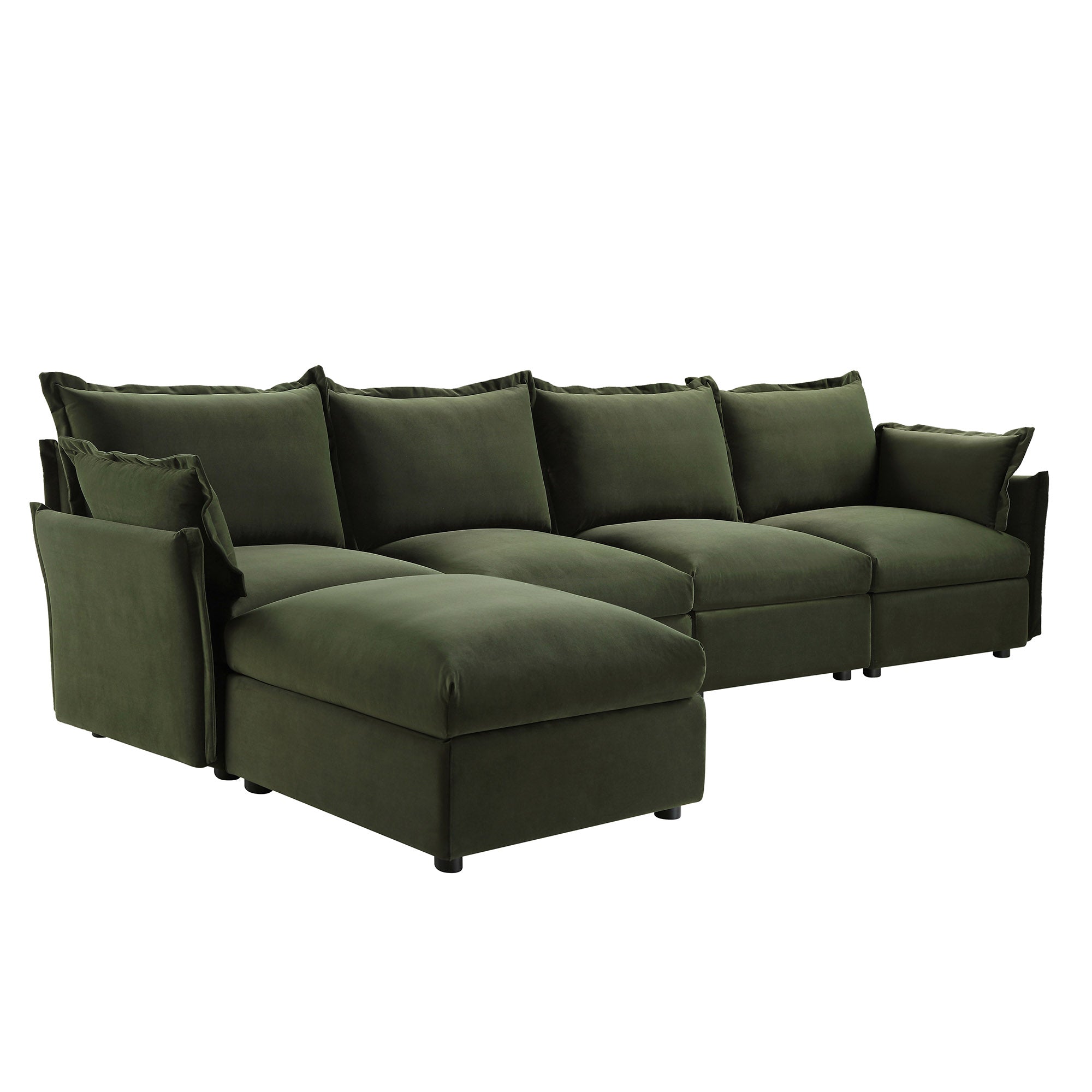 Byron Pillow Edge Moss Green Velvet Sectional Sofa, 4-Seater Chaise