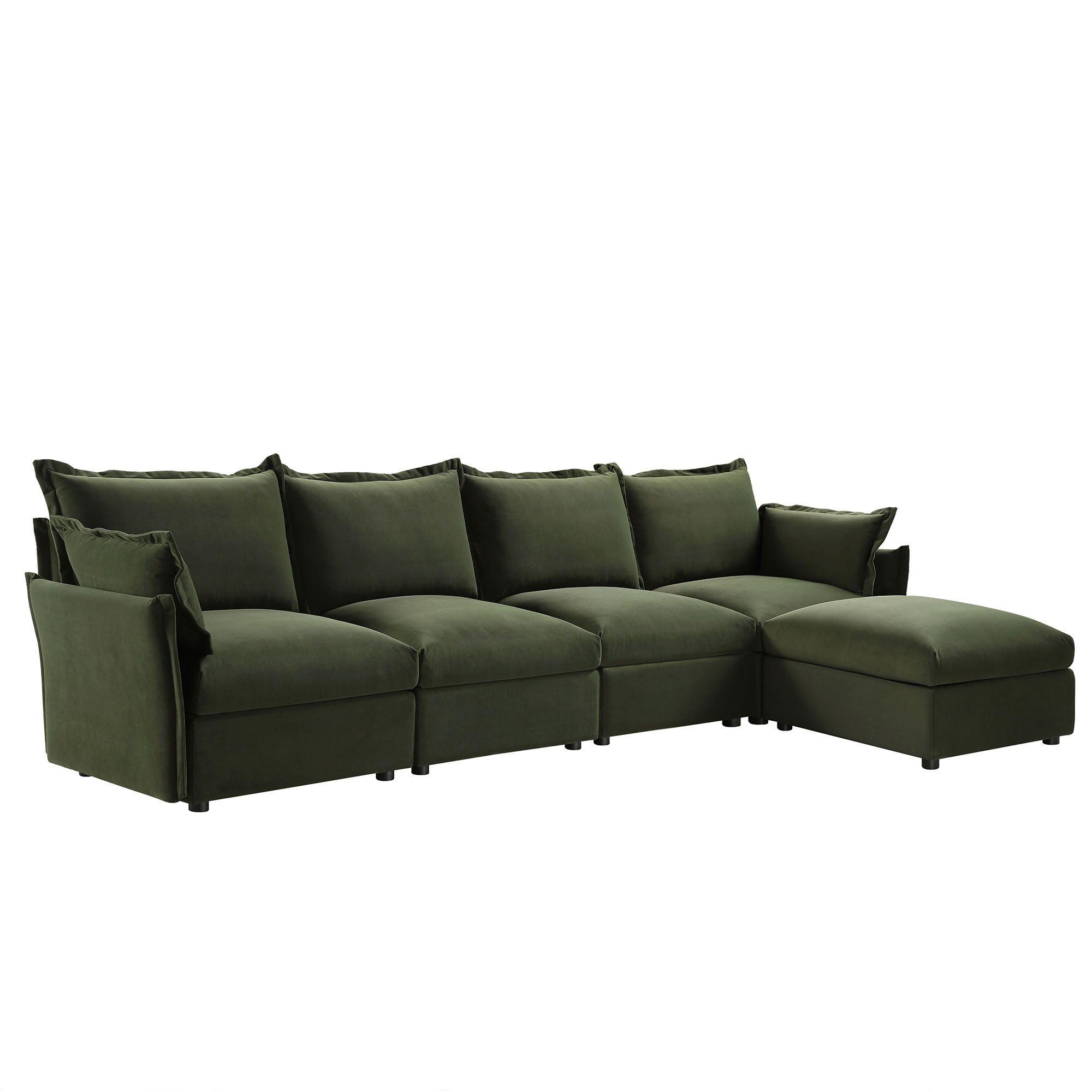 Byron Pillow Edge Moss Green Velvet Sectional Sofa, 4-Seater Chaise