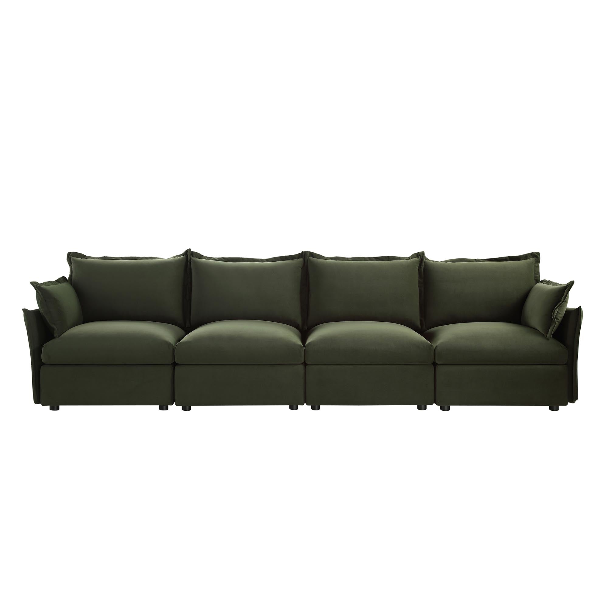 Byron Pillow Edge Moss Green Velvet Sectional Sofa, 4-Seater