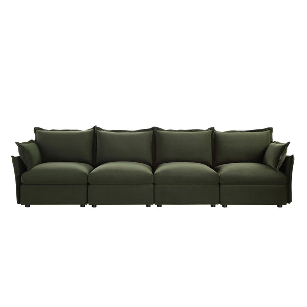 Byron Pillow Edge Moss Green Velvet Modular Sofa, 4-Seater