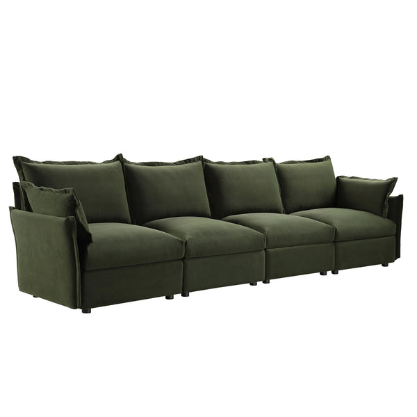 Byron Pillow Edge Moss Green Velvet Sectional Sofa, 4-Seater