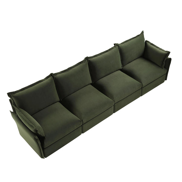 Byron Pillow Edge Moss Green Velvet Modular Sofa, 4-Seater