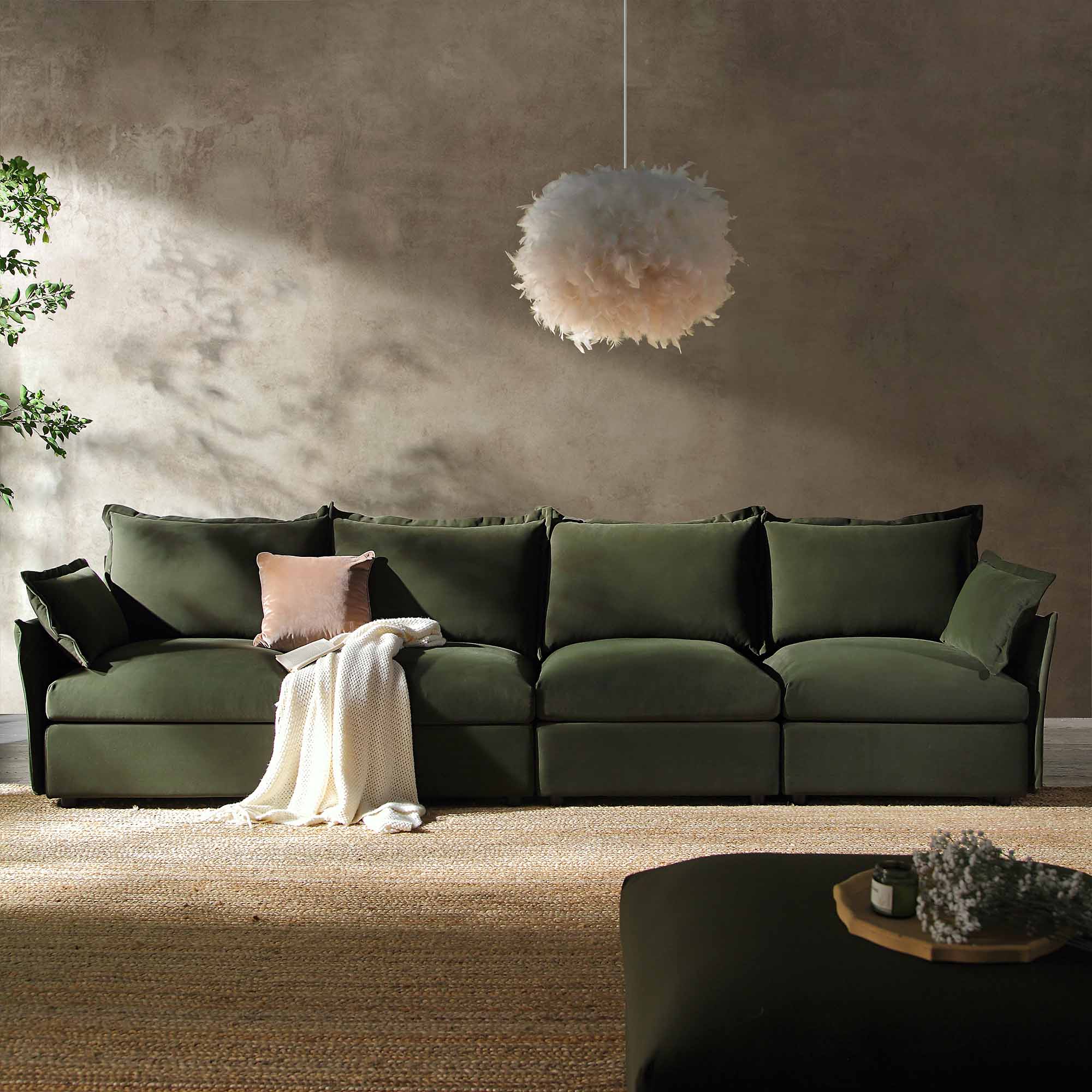 Byron Pillow Edge Moss Green Velvet Sectional Sofa, 4-Seater