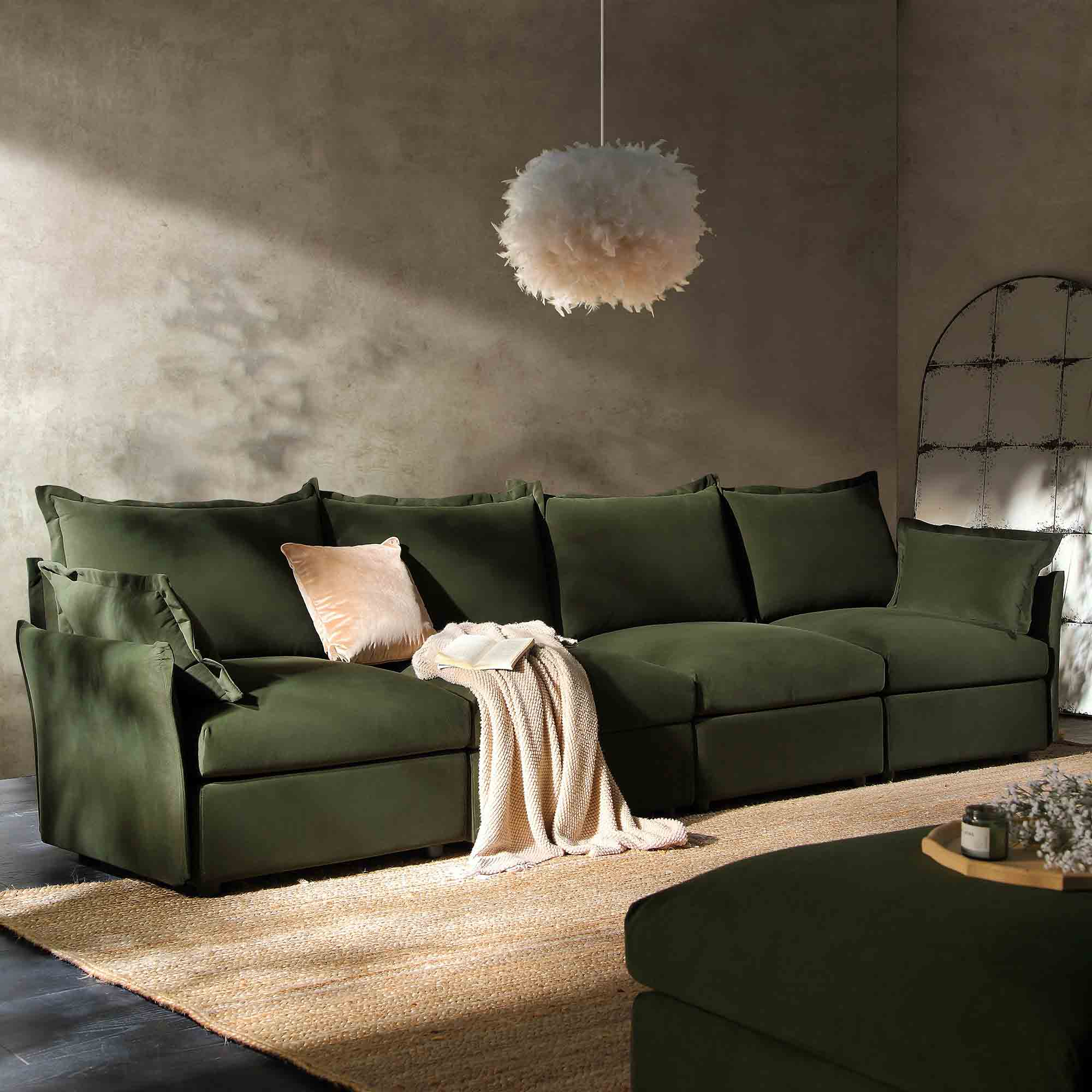 Byron Pillow Edge Moss Green Velvet Sectional Sofa, 4-Seater