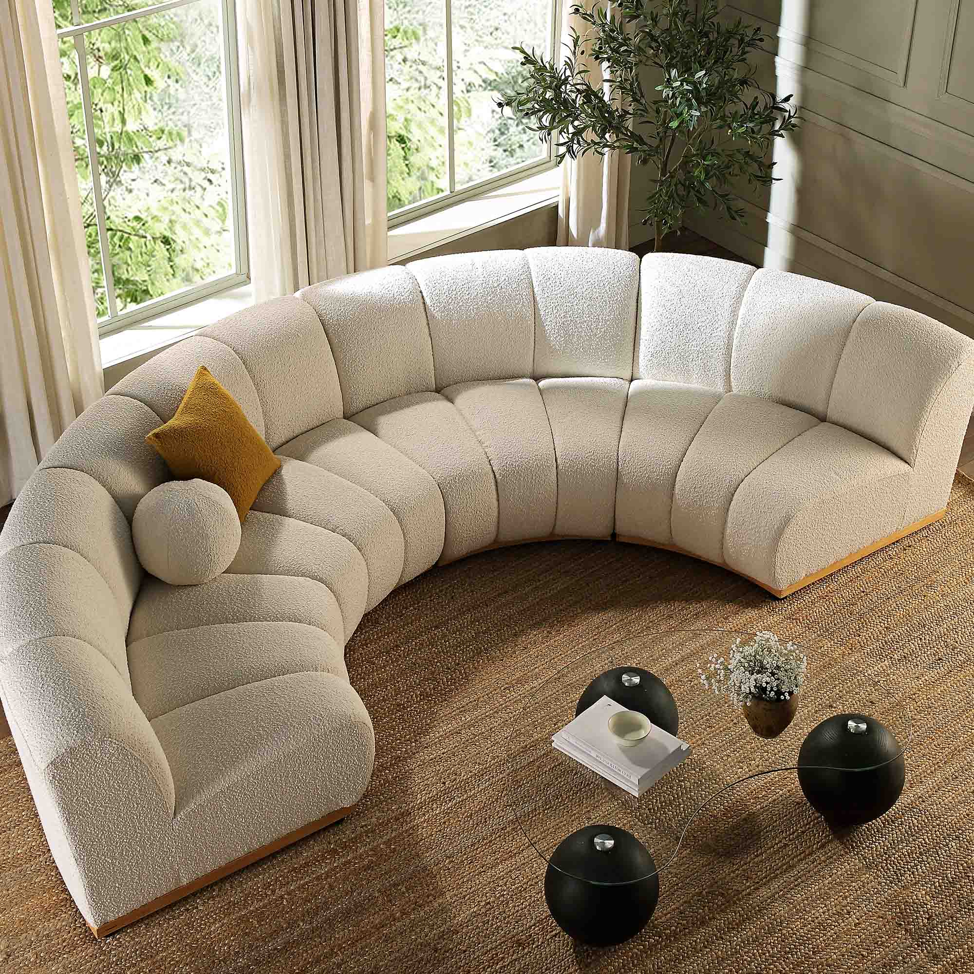 Granvia Ecru Boucle Sectional Sofa, 4-Seater Half Circle Sofa